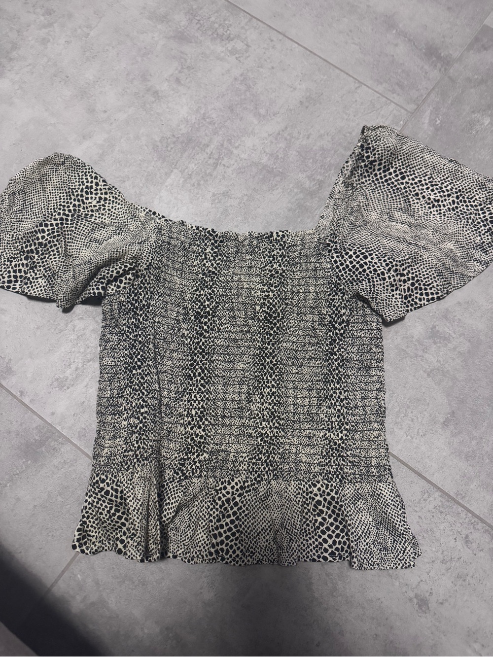 Jessica Simpson Black and White Smocked Off-Shoulder Blouse